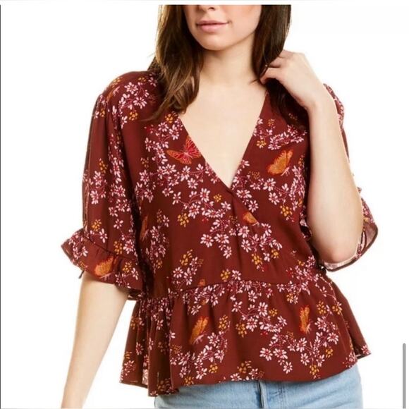 Madewell Women's Tie-Sleeve Wrap Top Burgundy Butterfly Print Size 0 - Picture 1 of 8